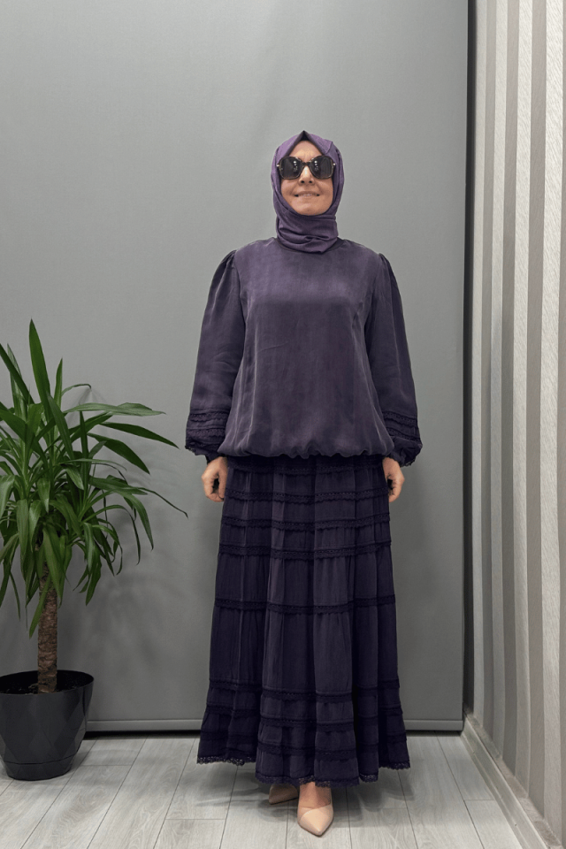 Misswhence Güpür Detaylı Bluz Etek Takım Mor 37005