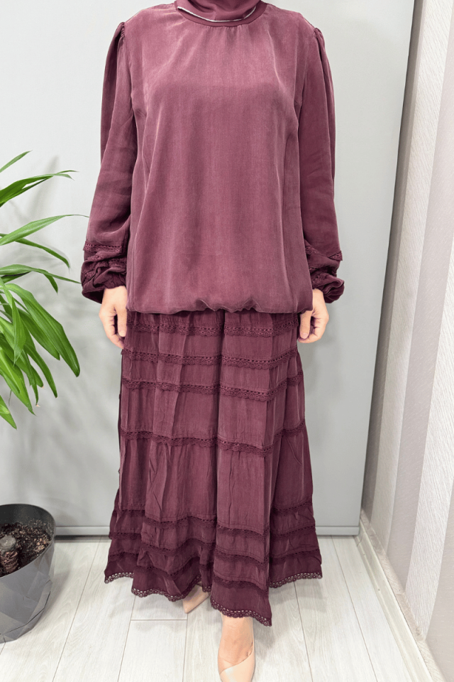 Misswhence Güpür Detaylı Bluz Etek Takım Bordo 37005