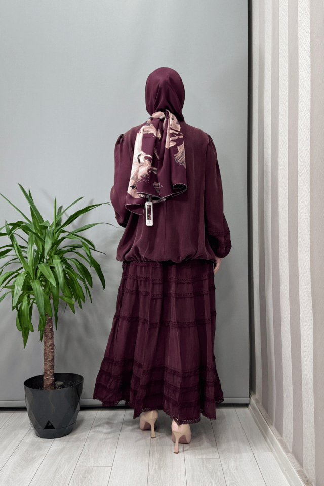Misswhence Güpür Detaylı Bluz Etek Takım Bordo 37005