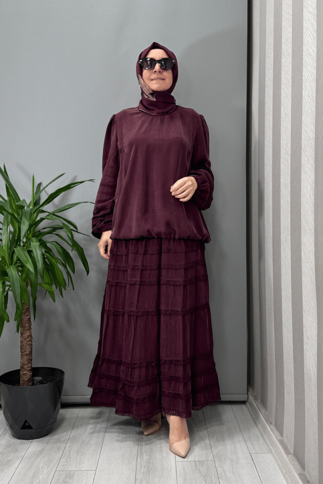 Misswhence Güpür Detaylı Bluz Etek Takım Bordo 37005