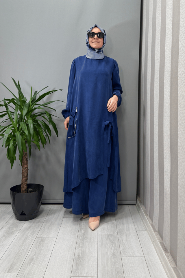 Misswhence Cep Ve Yırtmaç Detaylı Tunik Pantolon Takımı İndigo 37023