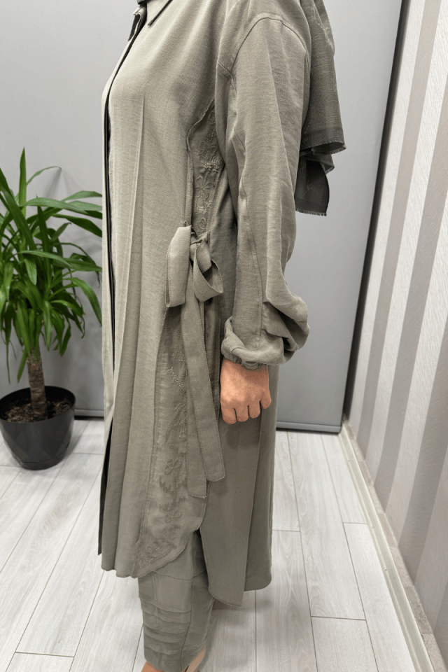 Misswhence Nakış Detaylı Gömlek Pantolon Takım Gri 37301