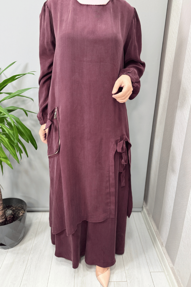 Misswhence Cep Ve Yırtmaç Detaylı Tunik Pantolon Takımı Bordo 37023