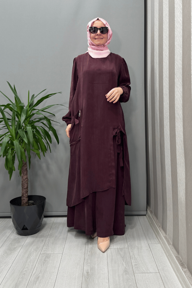 Misswhence Cep Ve Yırtmaç Detaylı Tunik Pantolon Takımı Bordo 37023