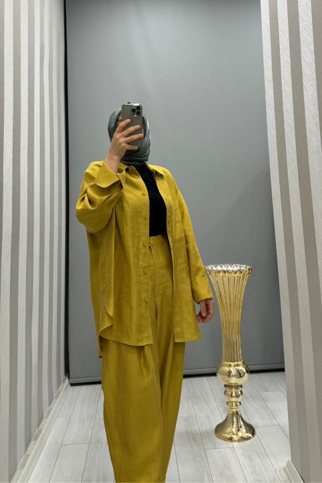 QOOQ Tenket Keten Pantolon Yağ Yeşili 24SS327