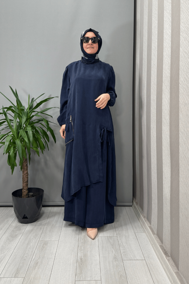 Misswhence Cep Ve Yırtmaç Detaylı Tunik Pantolon Takımı Lacivert 37023