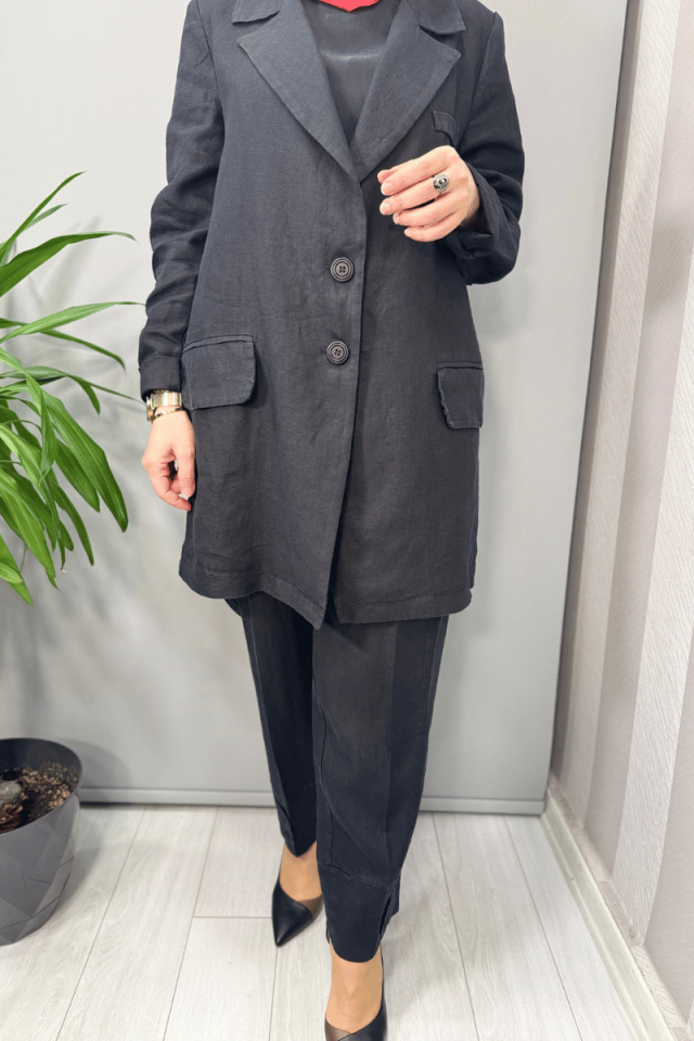 Misswhence Keten  Ceket Pantolon Takım Siyah 37207