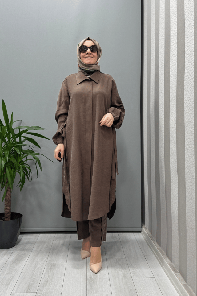 Misswhence Nakış Detaylı Gömlek Pantolon Takım Kahverengi 37301