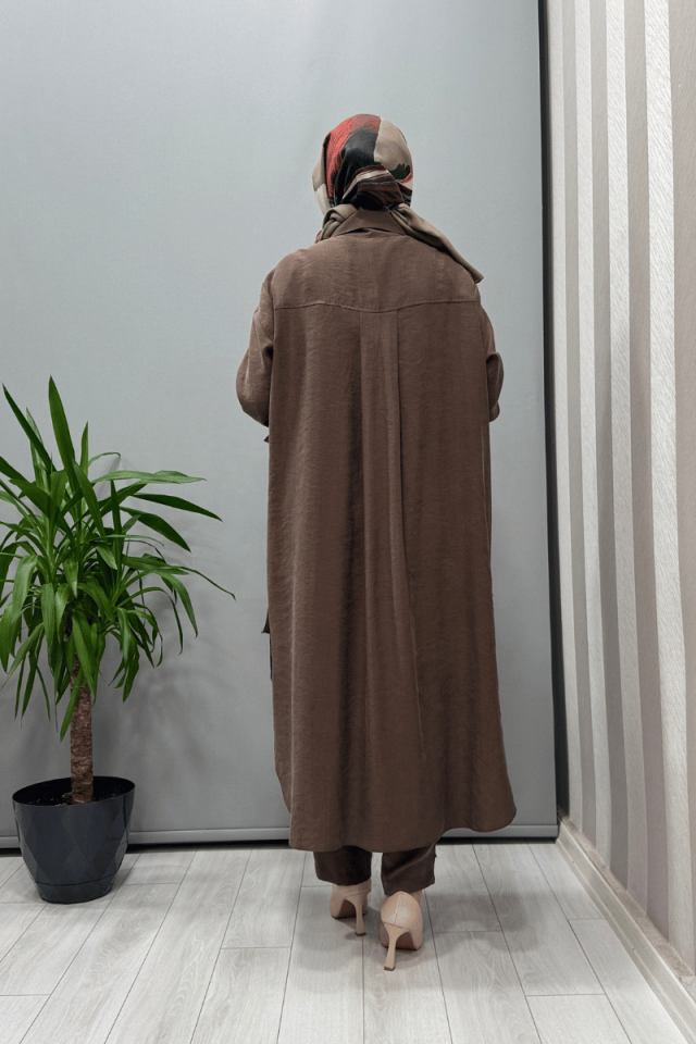 Misswhence Nakış Detaylı Gömlek Pantolon Takım Kahverengi 37301