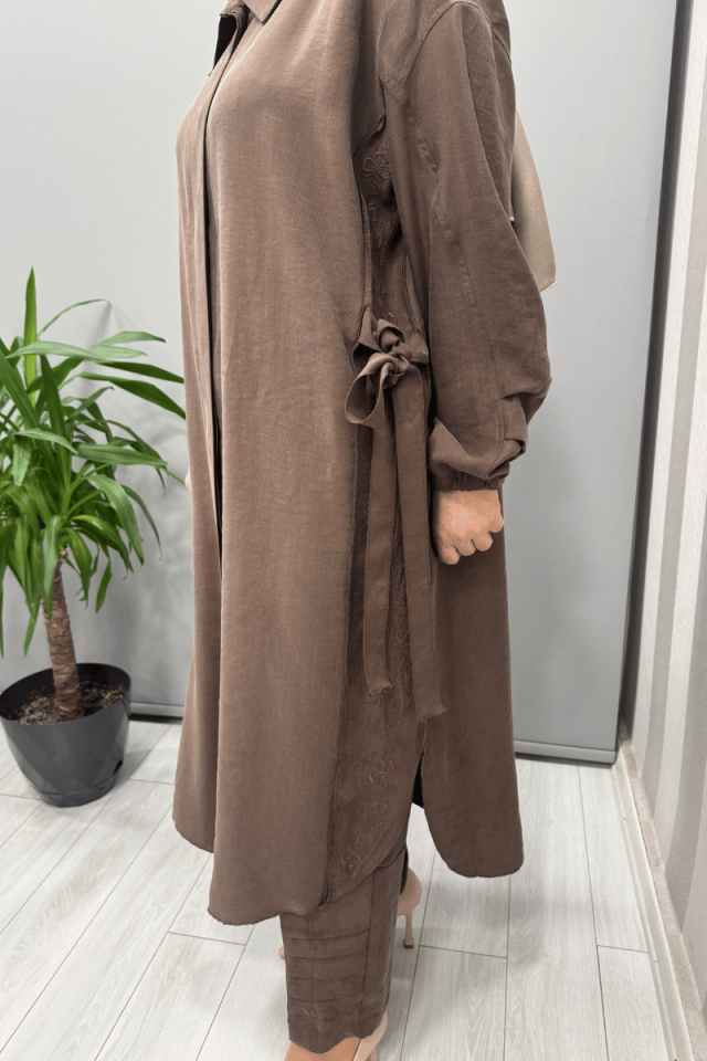 Misswhence Nakış Detaylı Gömlek Pantolon Takım Kahverengi 37301