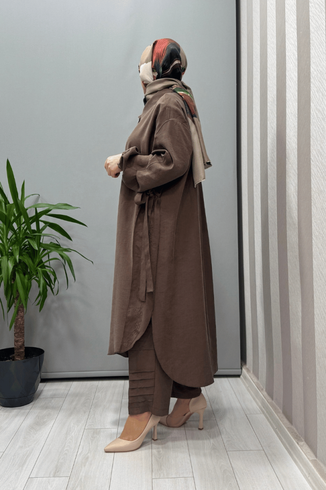 Misswhence Nakış Detaylı Gömlek Pantolon Takım Kahverengi 37301