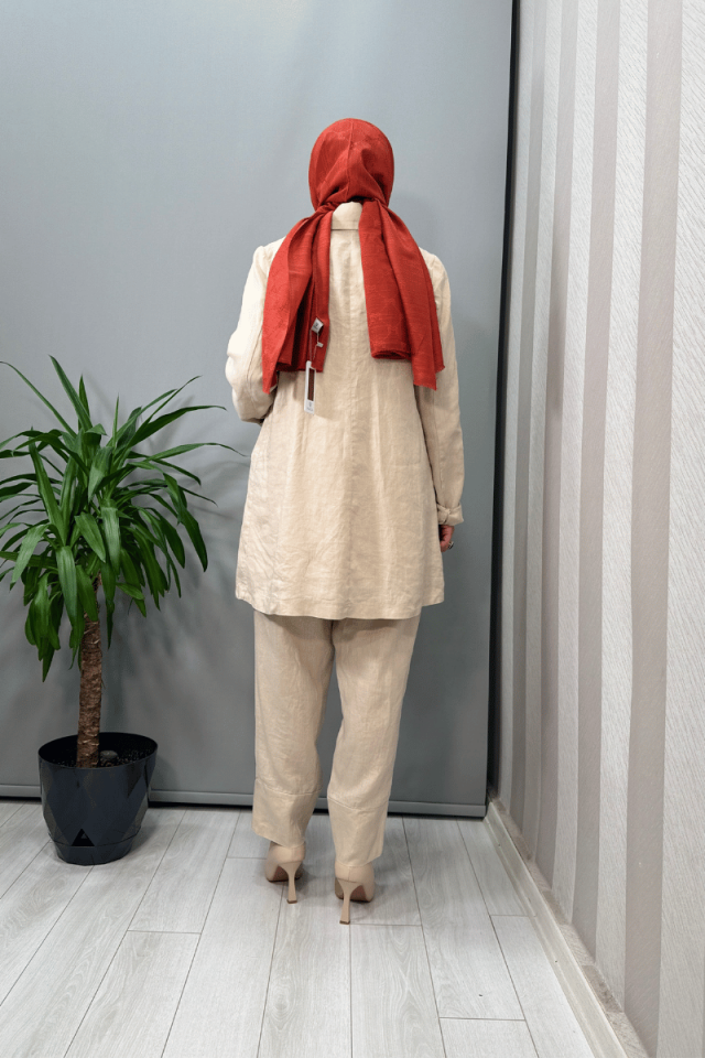 Misswhence Keten  Ceket Pantolon Takım Bej 37207