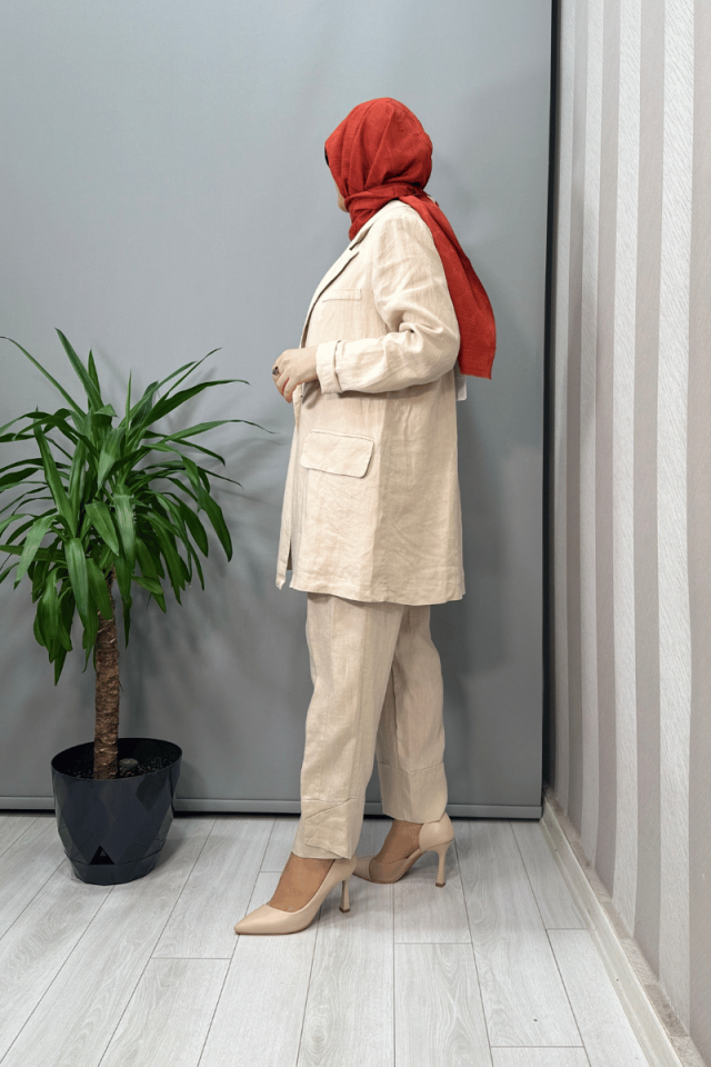 Misswhence Keten  Ceket Pantolon Takım Bej 37207