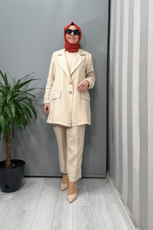 Misswhence Keten  Ceket Pantolon Takım Bej 37207