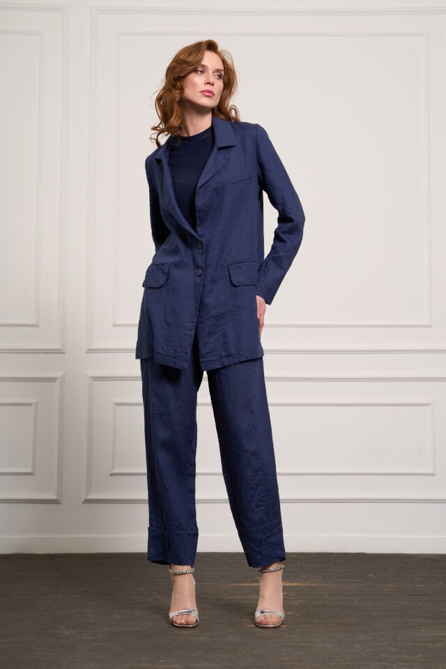 Misswhence Keten  Ceket Pantolon Takım Lacivert 37207