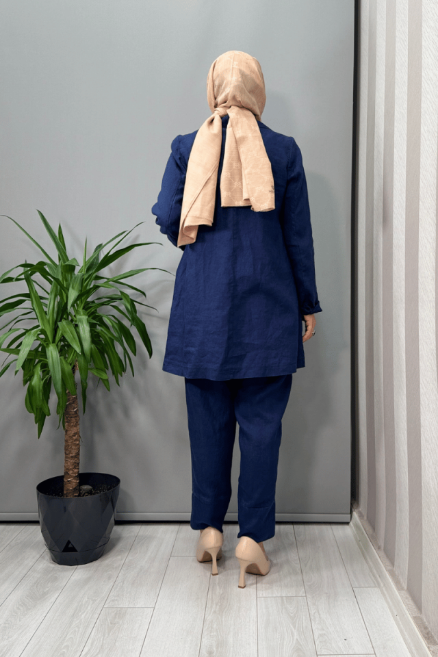 Misswhence Keten  Ceket Pantolon Takım Lacivert 37207