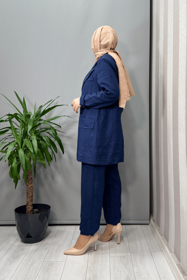 Misswhence Keten  Ceket Pantolon Takım Lacivert 37207