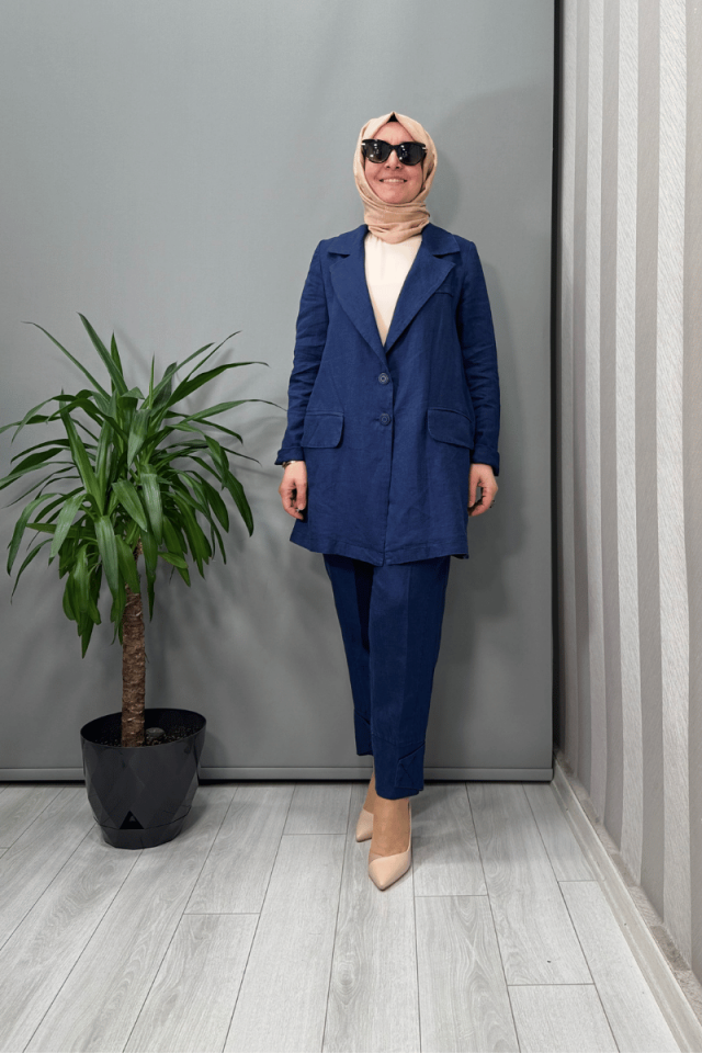 Misswhence Keten  Ceket Pantolon Takım Lacivert 37207