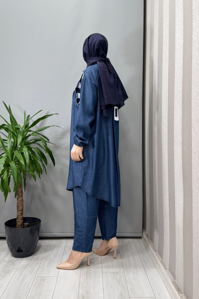 Misswhence Tencel Kot Gömlek Pantolon Takım Lacivert 37307