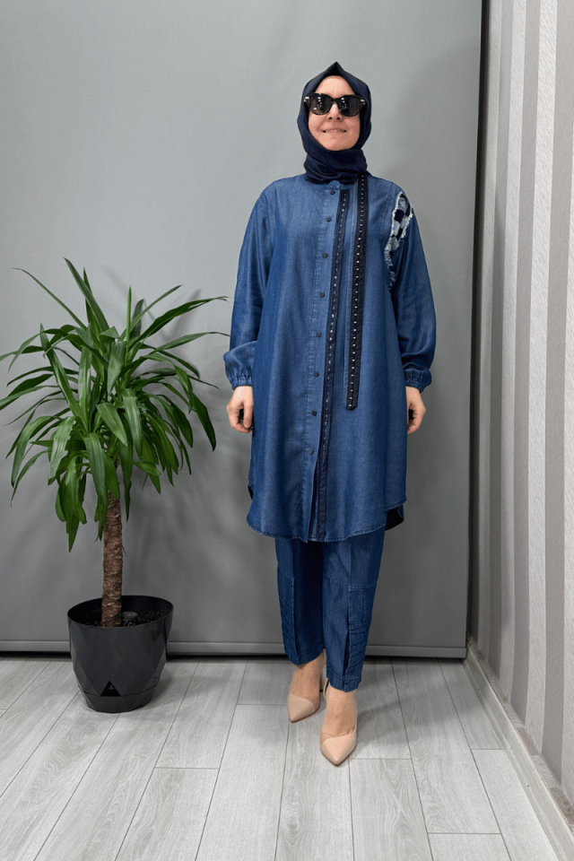 Misswhence Tencel Kot Gömlek Pantolon Takım Lacivert 37307