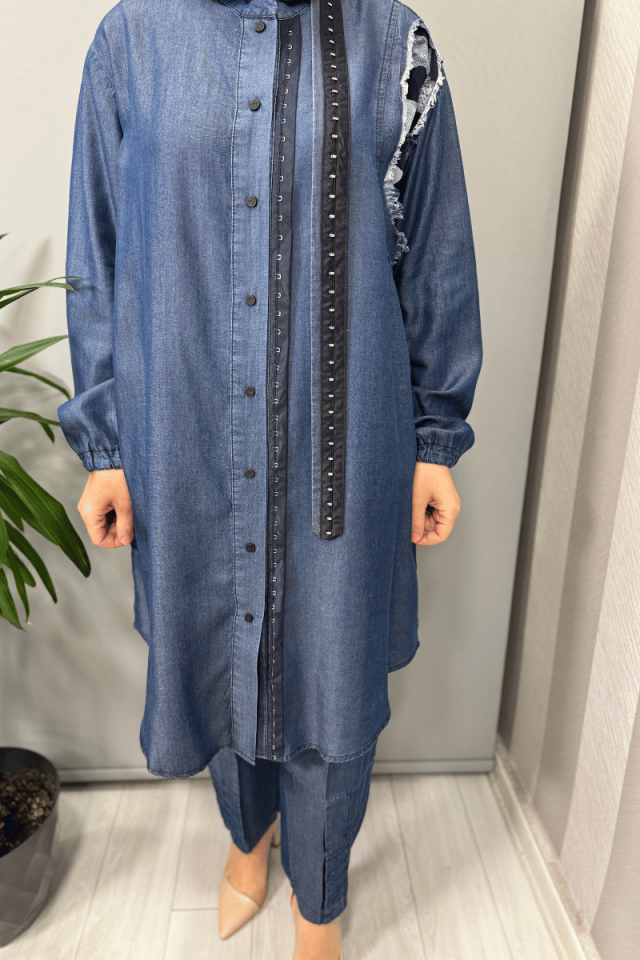 Misswhence Tencel Kot Gömlek Pantolon Takım Lacivert 37307