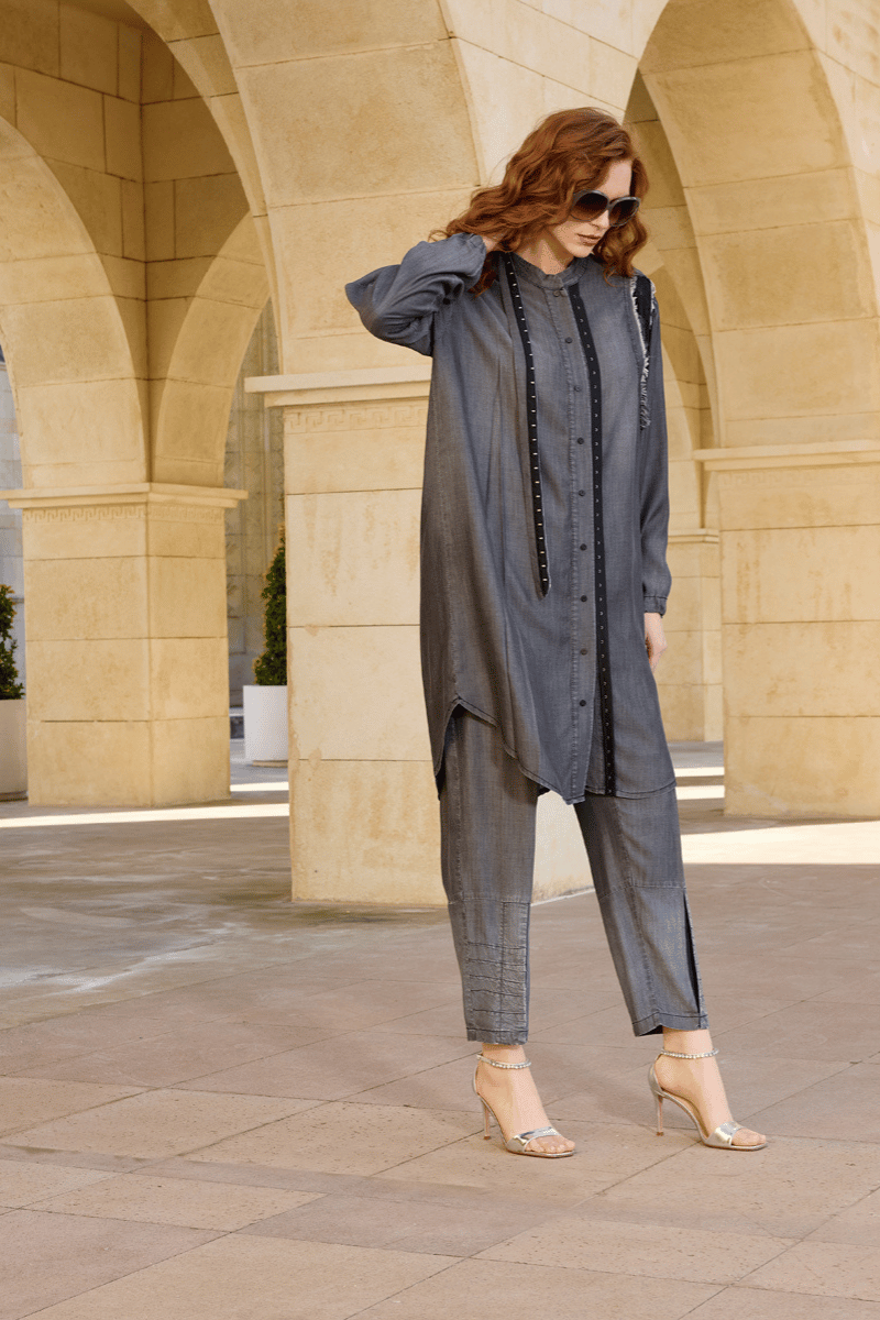 Misswhence Tencel Kot Gömlek Pantolon Takım Gri 37307