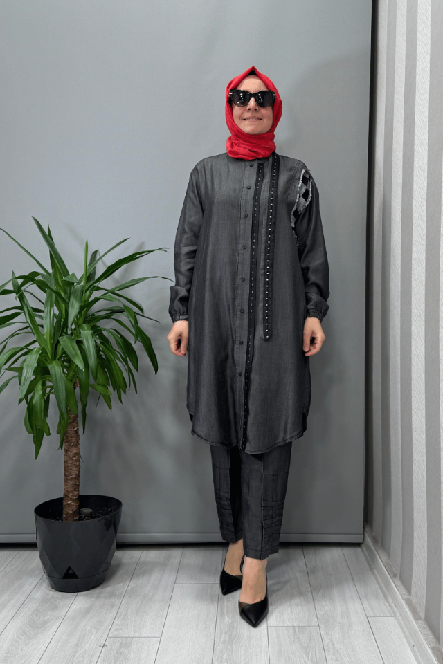 Misswhence Tencel Kot Gömlek Pantolon Takım Gri 37307