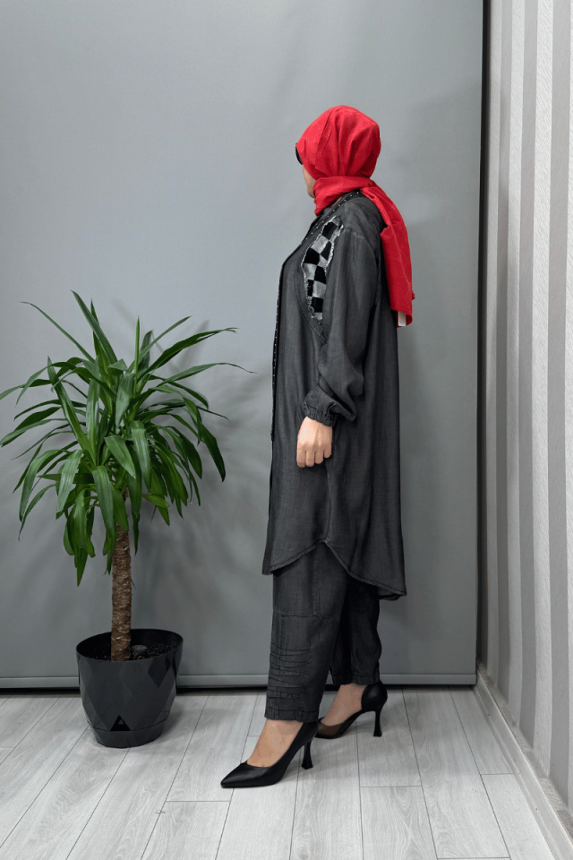 Misswhence Tencel Kot Gömlek Pantolon Takım Gri 37307