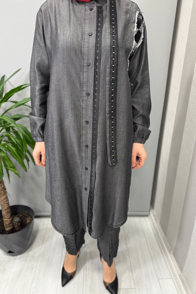 Misswhence Tencel Kot Gömlek Pantolon Takım Gri 37307