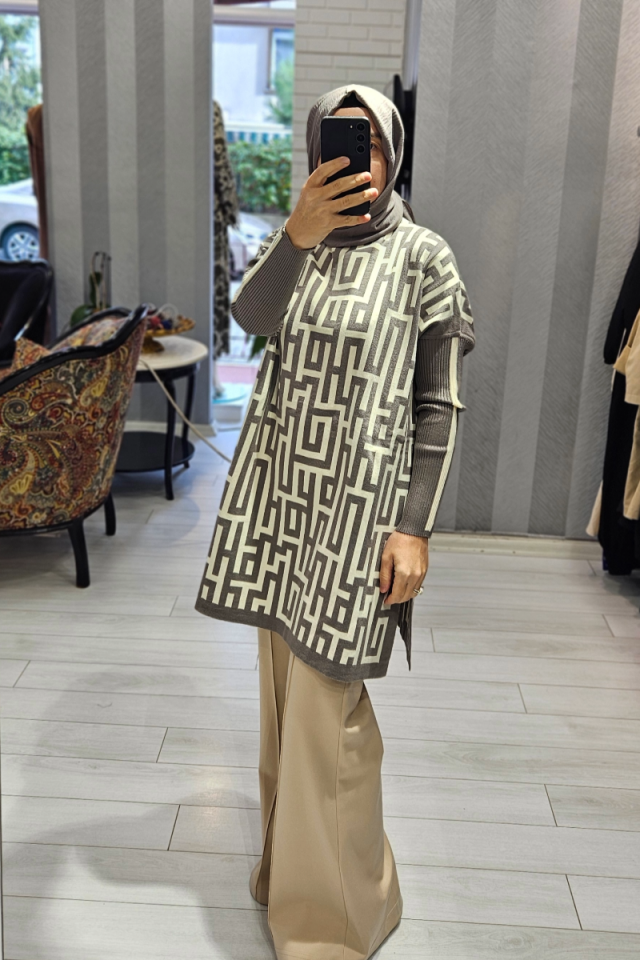İnvee Patterned Knitwear Tunic-Mink 6872