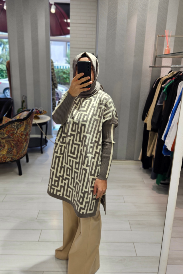 İnvee Patterned Knitwear Tunic-Mink 6872