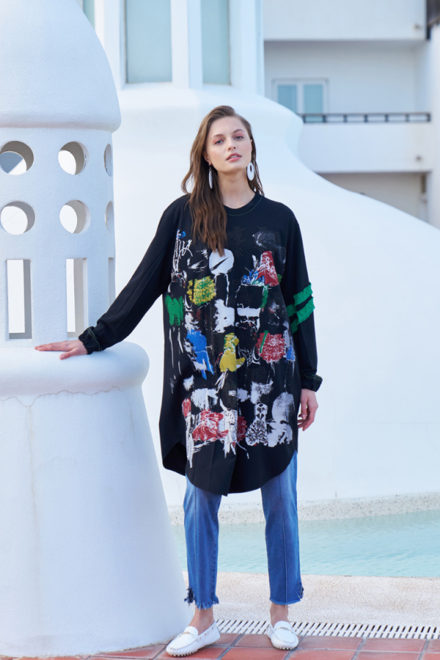 Misswhence Front Stone Printed Tunic Black 35000
