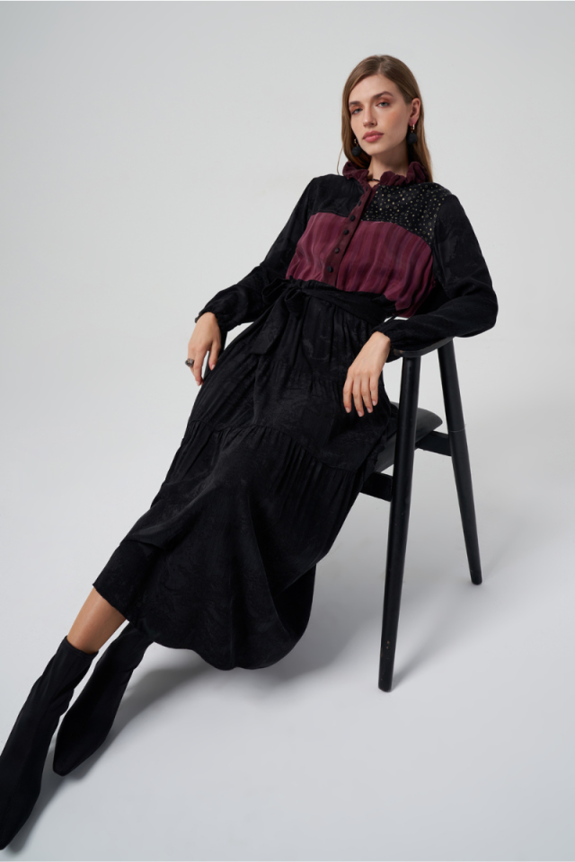 MissWhence Patchwork İpek Elbise Siyah 36821