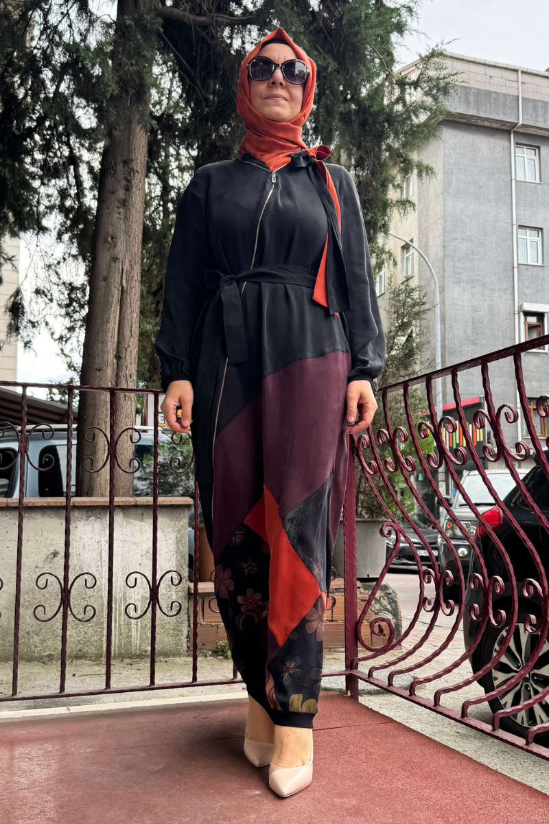 MissWhence Fermuar Detaylı Patchwork İpek Elbise Siyah 36831