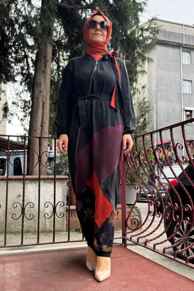 MissWhence Fermuar Detaylı Patchwork İpek Elbise Siyah 36831