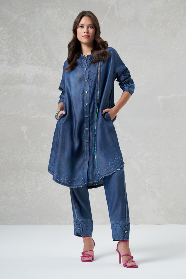 Misswhence Buttoned Leg Tencel Trousers Navy Blue 35102