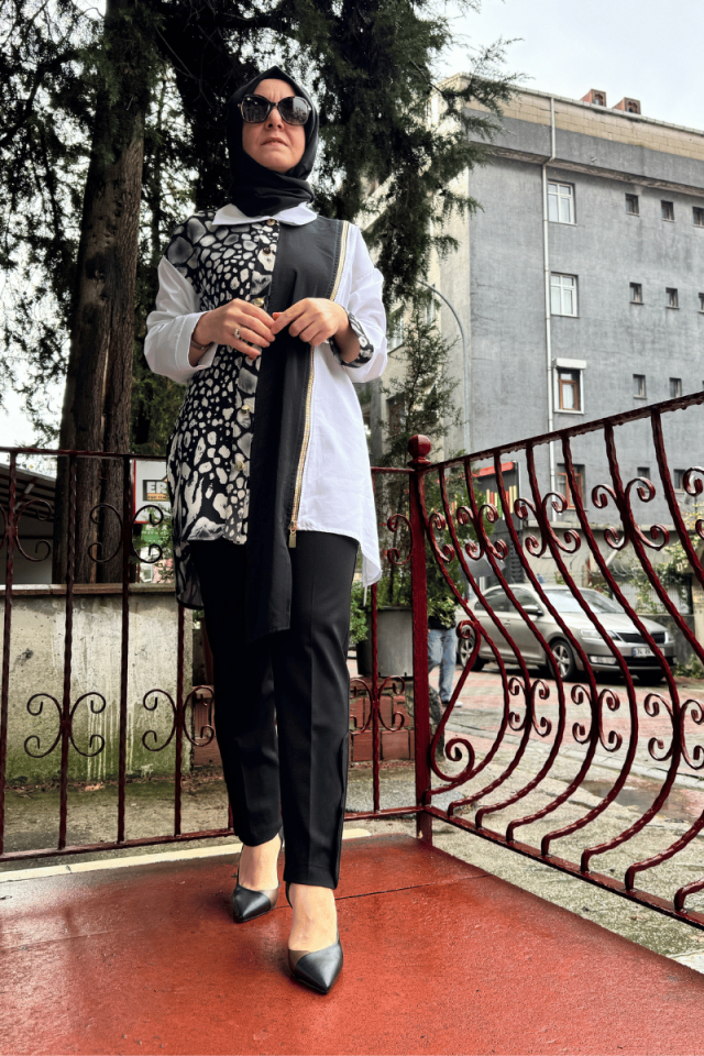 Ghisa Fermuar Ve Çıtçıt Detaylı Gömlek Siyah-Beyaz 5KGSTNK4799