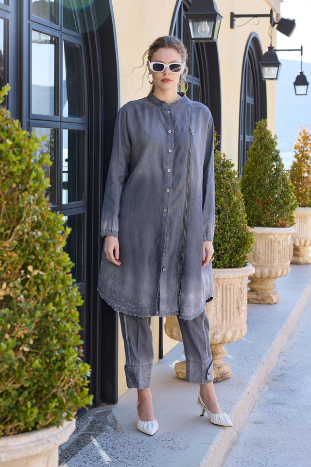 Misswhence Buttoned Leg Tencel Trousers Gray 35102