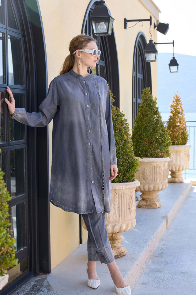 Misswhence Paçası Düğmeli Tencel Pantolon Gri 35102