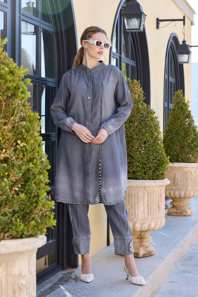 Misswhence Paçası Düğmeli Tencel Pantolon Gri 35102