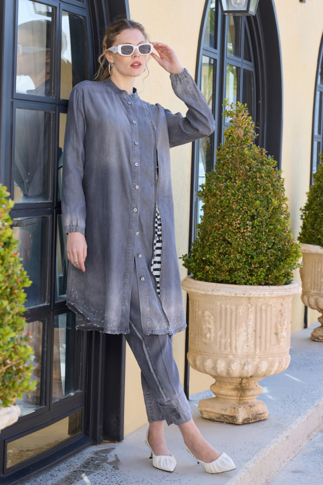 Misswhence Paçası Düğmeli Tencel Pantolon Gri 35102