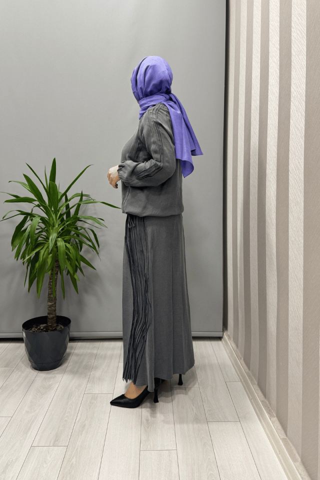 Misswhence Nervürlü İpek Keten Takım Gri 37009