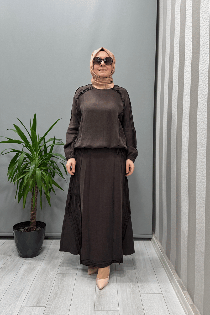 Misswhence Nervürlü İpek Keten Takım Kahverengi 37009
