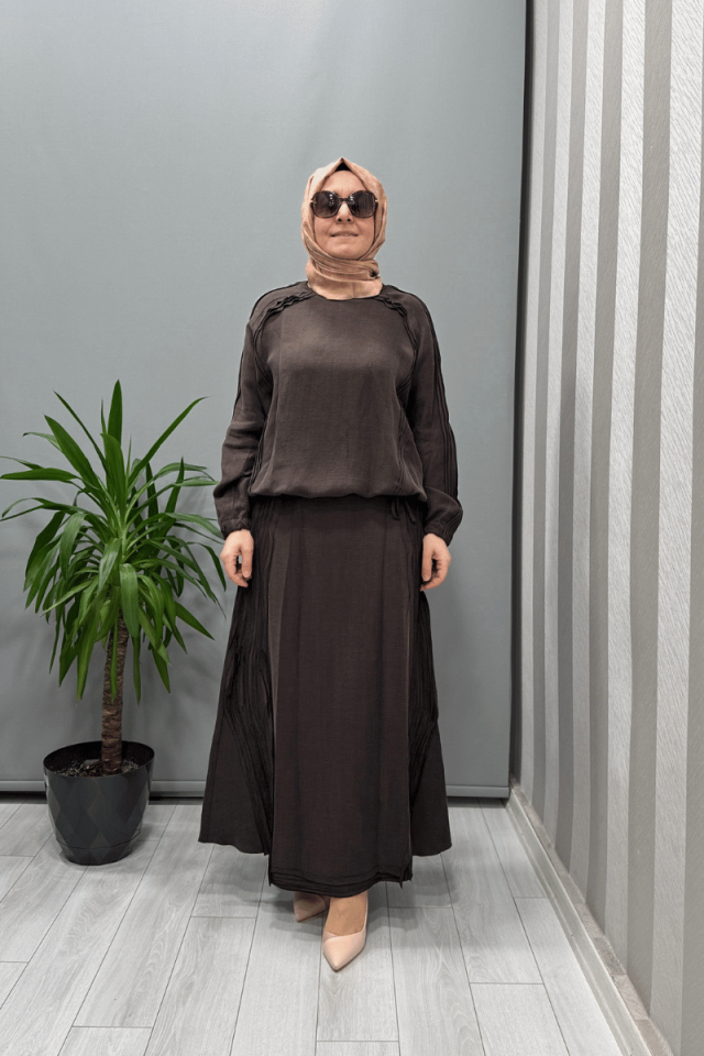 Misswhence Nervürlü İpek Keten Takım Kahverengi 37009