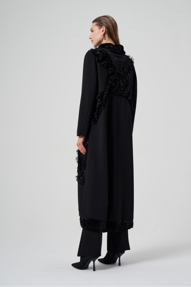 MissWhence Kadife Patchwork Pardesü Siyah 36410
