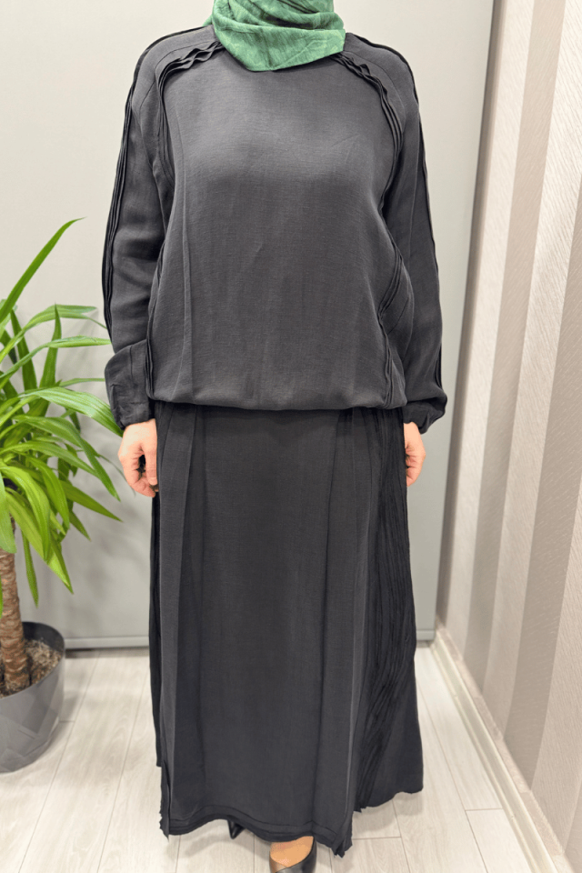 Misswhence Nervürlü İpek Keten Takım Siyah 37009