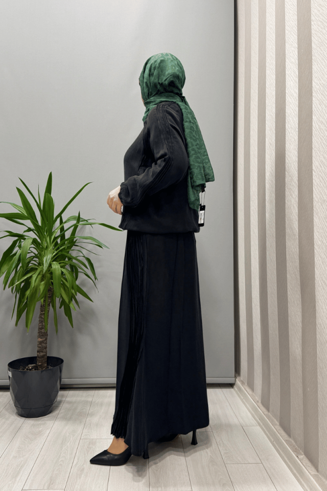 Misswhence Nervürlü İpek Keten Takım Siyah 37009