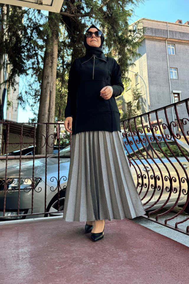 Misswhence Beli Lastikli Ekoseli Plise Etek Desenli Siyah 36908