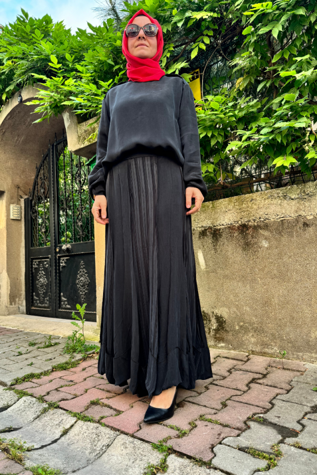 Misswhence Striped Silk Skirt Black 35903