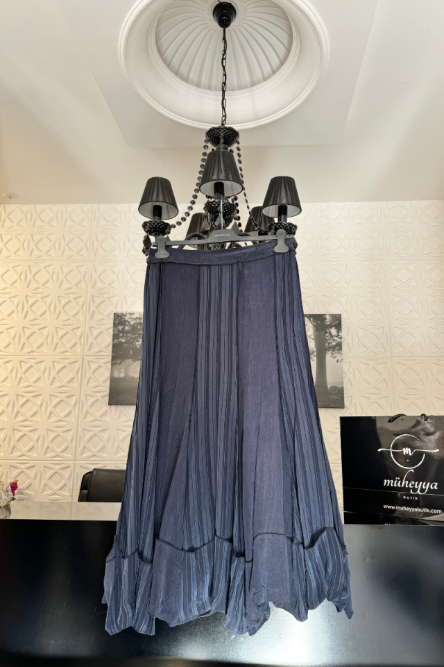 Misswhence Striped Silk Skirt Navy Blue 35903